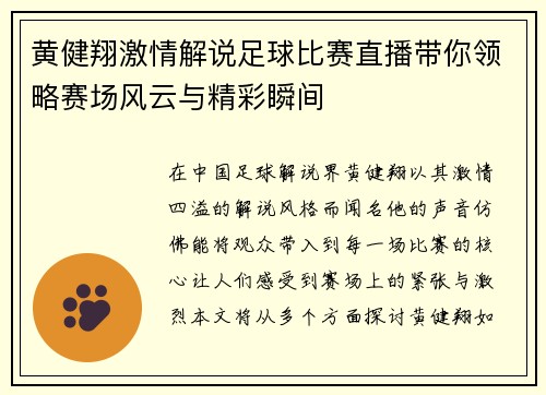 黄健翔激情解说足球比赛直播带你领略赛场风云与精彩瞬间